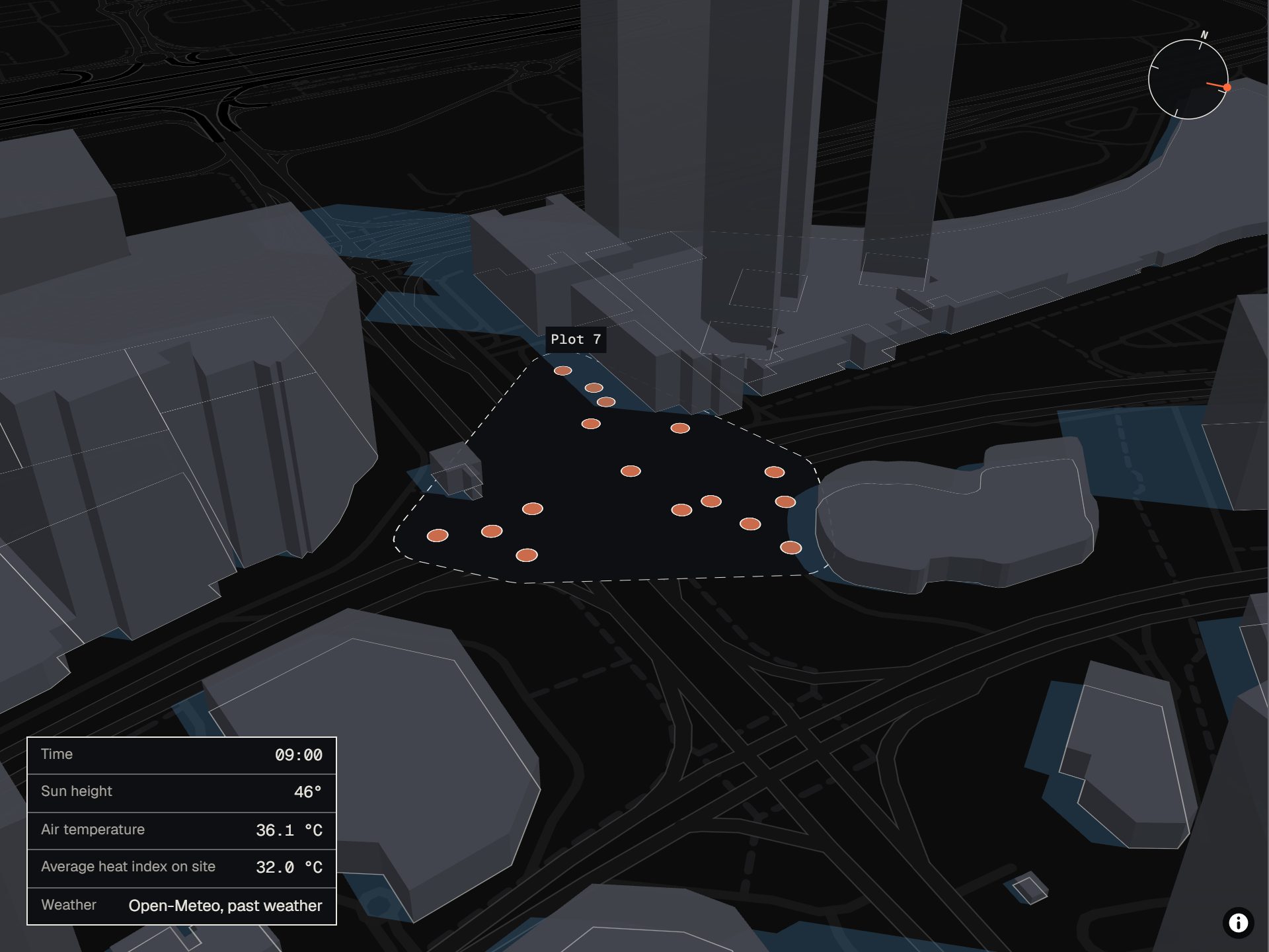 The planner map of Plot 7 in Dubai at 09:00. Building shadows fall across the site, and dots show where the crews work.